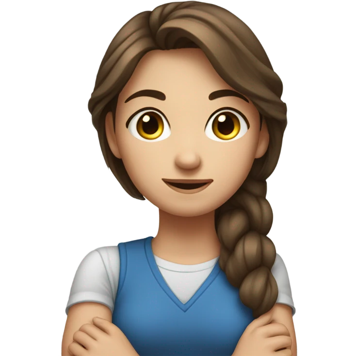 A girl with brown hair and blue eyes crouching with her arms by her side emoji
