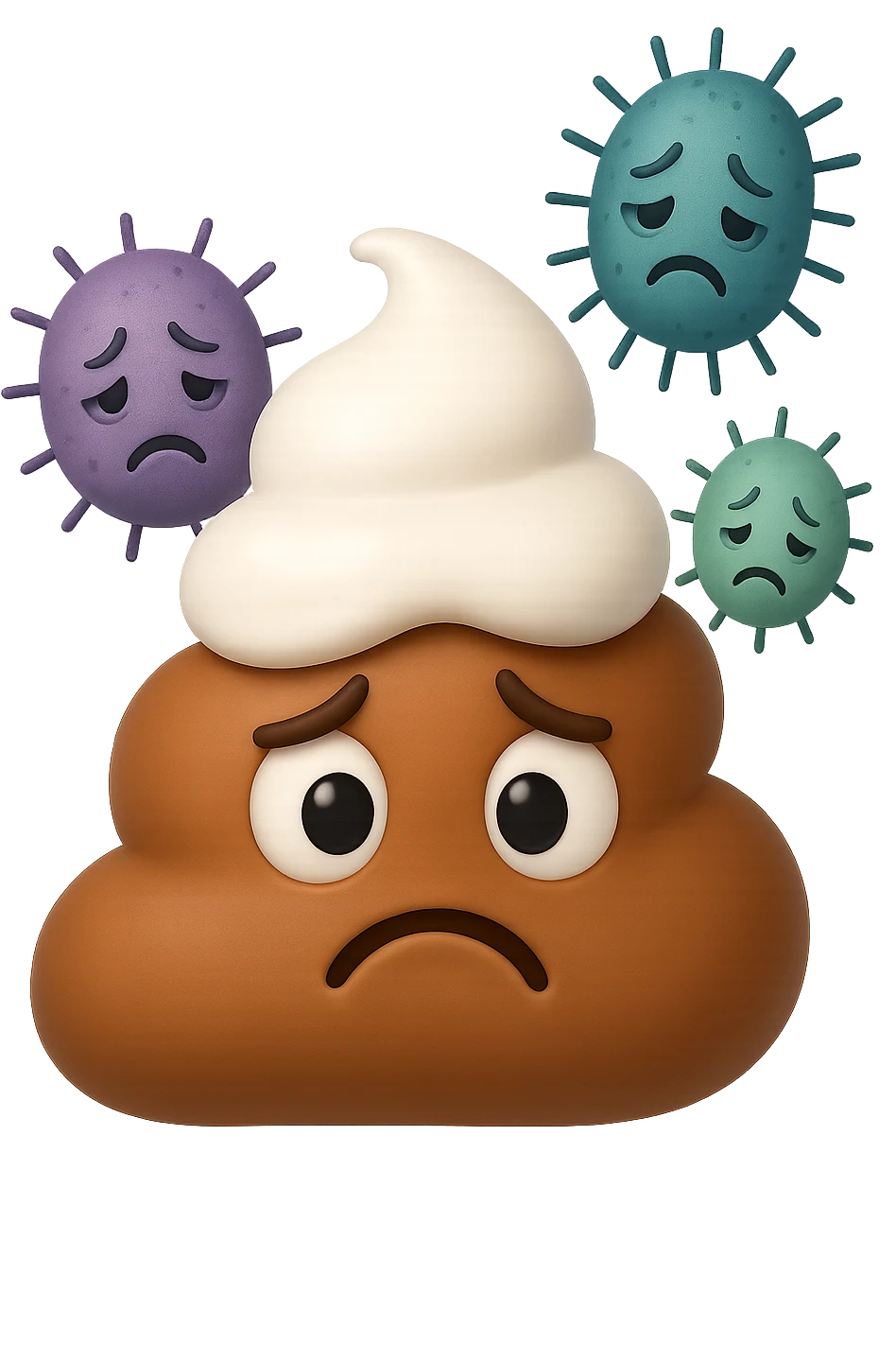emoji stile iphone 3d di una cacca con muco bianco sopra, dietro cui fluttuano batteri intestinali tristi, iperrealistiche 4k emoji
