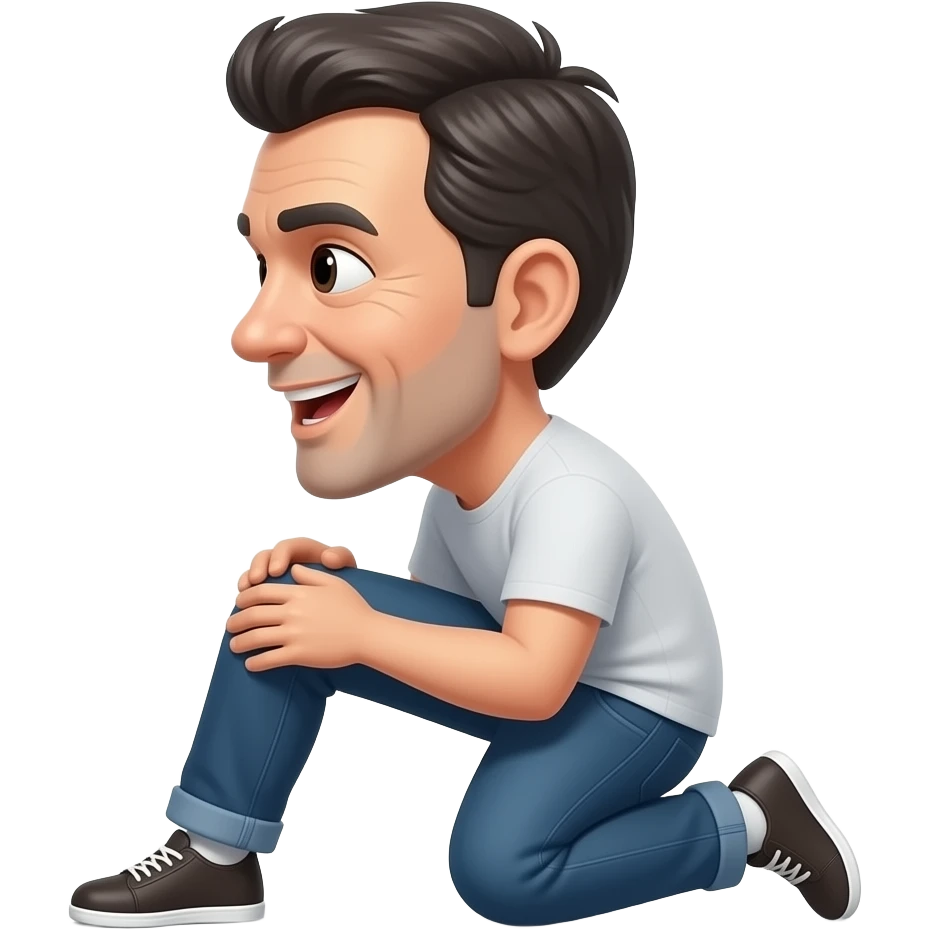 Kneeling not smiling side on  man 50 years old dark hair kneeling mouth open emoji