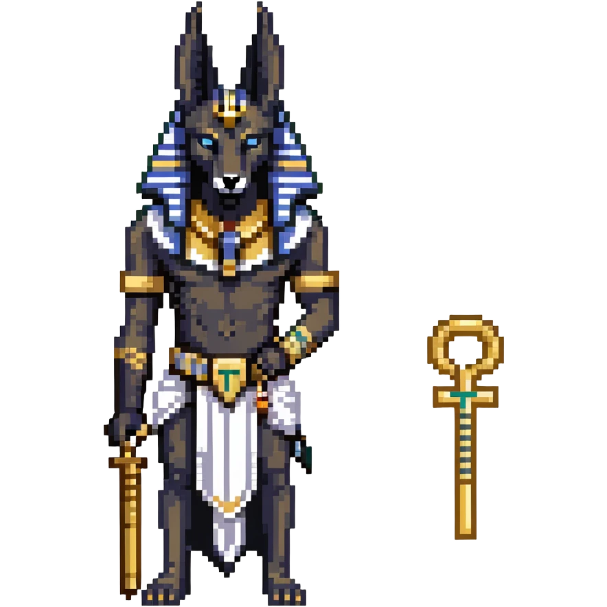 Egyptian god Anubis with black jackal head, gold collar, Egyptian headdress, holding ankh symbol emoji