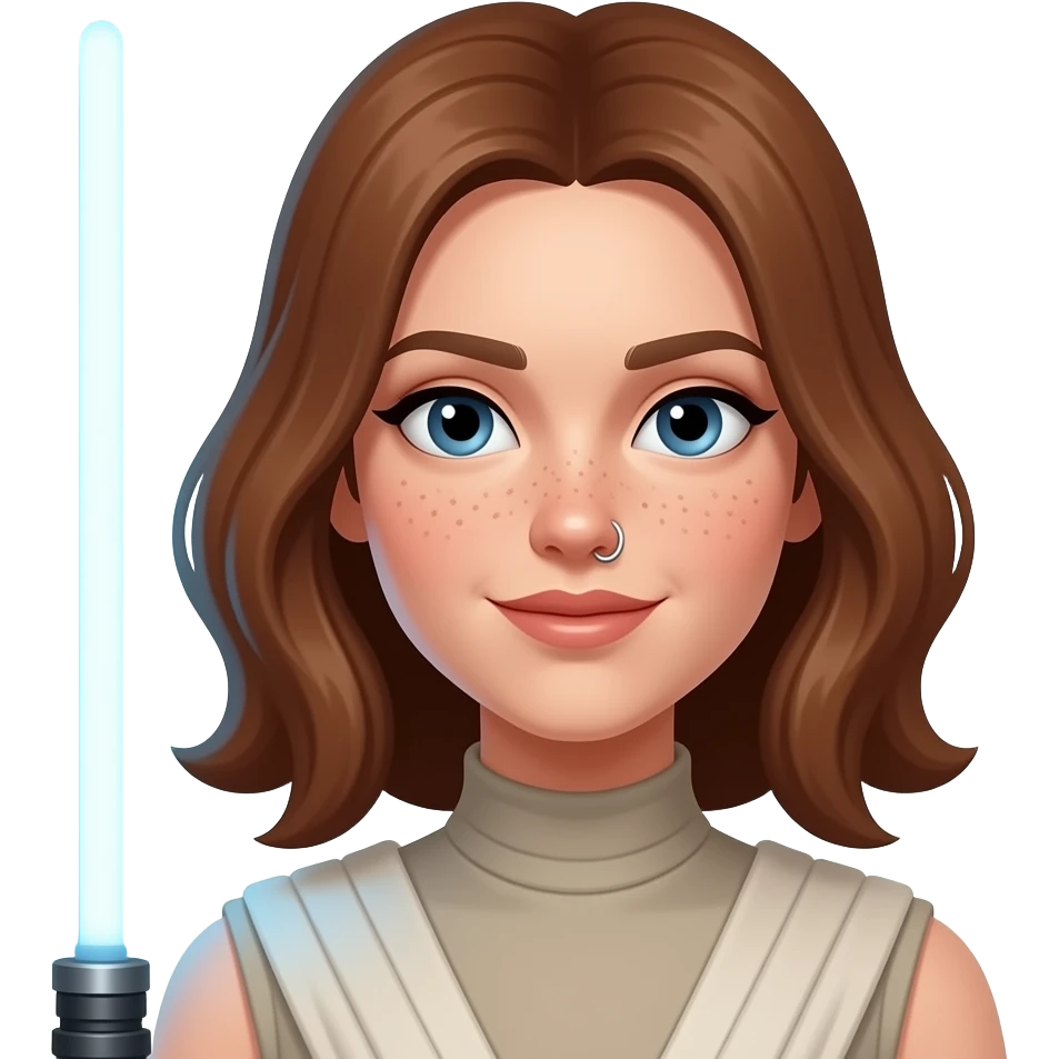 Female princess with blue  lightsaber,slightly lighter skin tone , with shoulder length hair and a nose ring, freckles around nose emoji