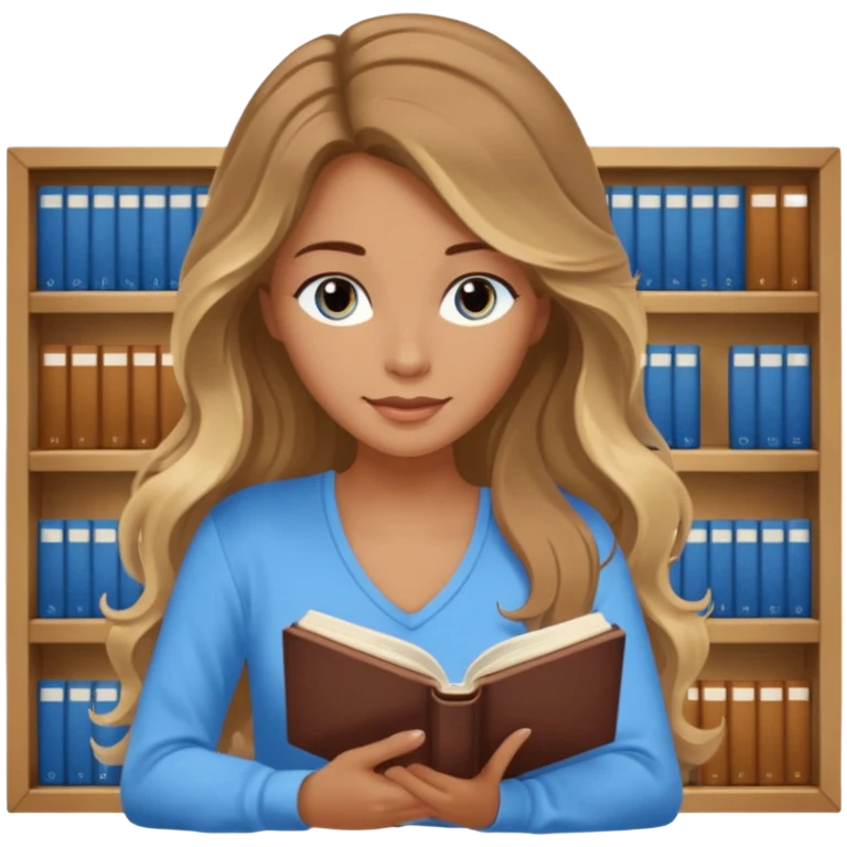 pretty female with long wavy brown hair with blonde highlights and blue eyes  in a relaxed position reading the book 'Rebecca' emoji