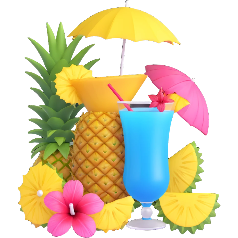 a pineapple and a vibrant tropical fruity blue cocktail with hibiscus, pineapple slice, and paper umbrella garnish emoji