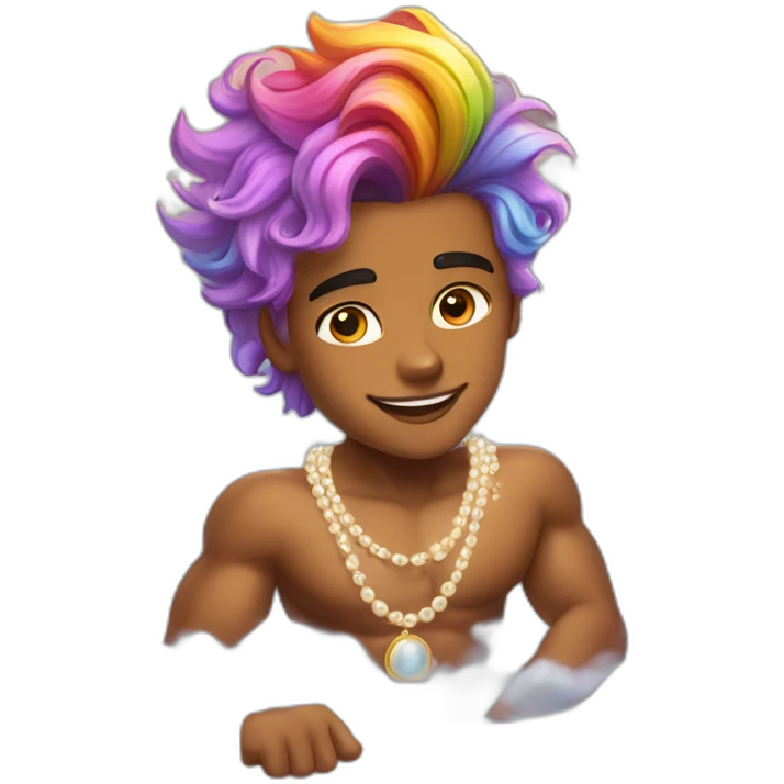 posh-muscle-boy-with-pearl-necklace-and-rainbow-unicorn-hair-in-golden-bathtub emoji