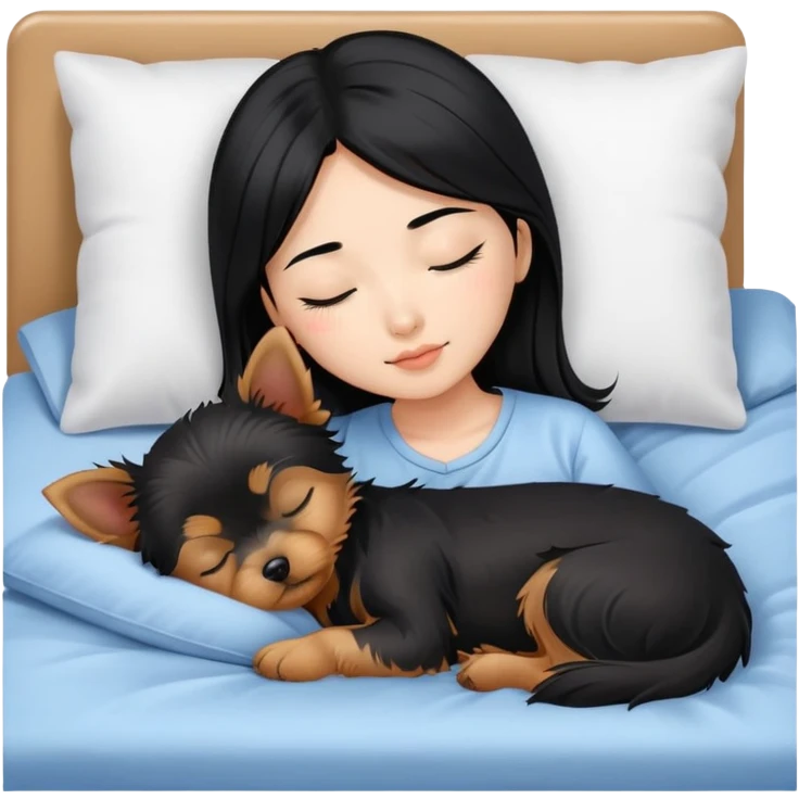 pretty asian girl with black hair sleeping in bed with small yorkshire terrier emoji