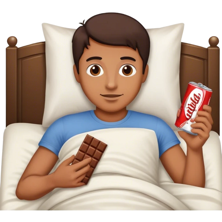 Man in bed drinking a can with chocolate in his hand  emoji