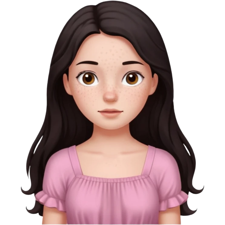 Девочка с длинными собранными темными волосами и веснушками в нежно розовом emoji