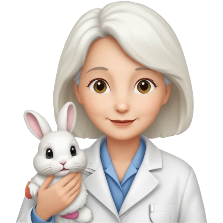 Older female vet – gentle smile, coat, checking rabbit  emoji