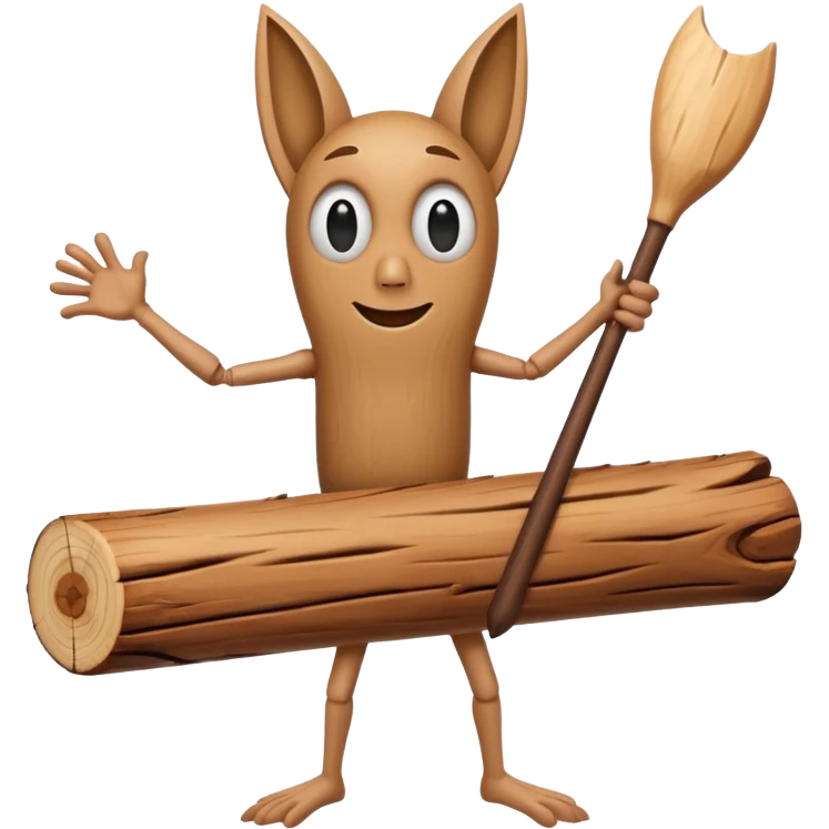 The character is an anthropomorphic wooden log with a cartoonish face, human arms and legs, and a long wooden bat, giving it a surreal, humorous appearance. emoji