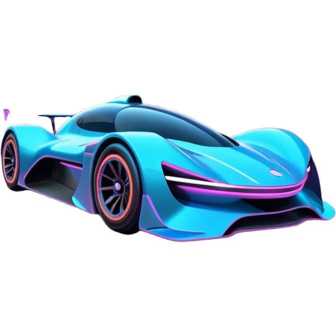 A futuristic racing car with glowing neon lights, sleek aerodynamic design, and a cyberpunk cityscape in the background. The car is speeding through a neon-lit street with high-tech buildings and holograms." emoji