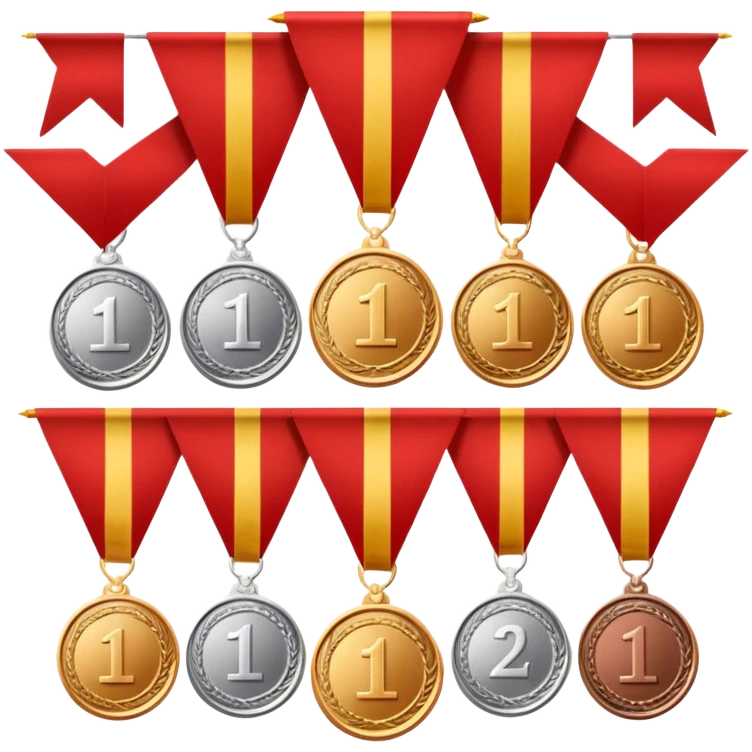 Icon for Collecting Orders, Medals & Badges: a variety of medals, orders and badges displayed on a large red pennant with fringed edges. The icon should convey the prestige and historical value of these collectibles. Transparent background. emoji