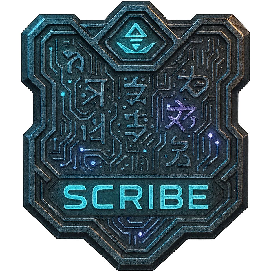 a metal insignia badge for a "scribe", space scifi-futuristic cyberpunk futurepunk emoji