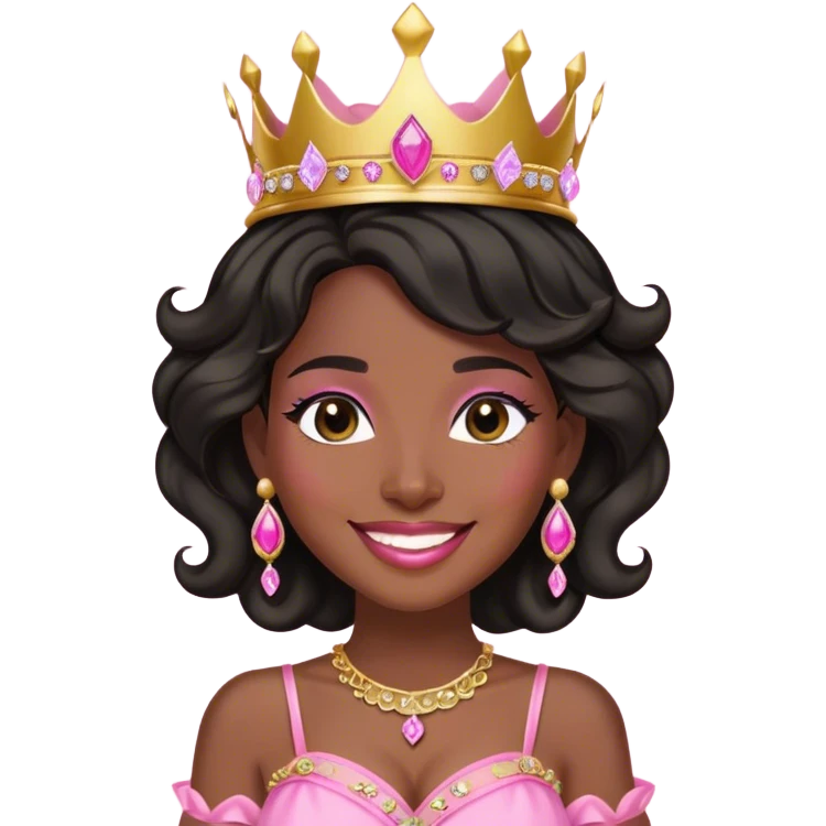 Crown dark black women smiling with really longer lightly WAVY hair pink dress pink crown facing forward black hair middle age adult woman gold gems in crown gold earrings  one woman smiling wink less body emoji