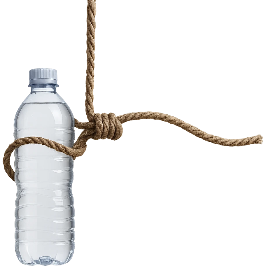 Create a long rope with a loop similar to the reference image, replacing the cheese with a transparent water bottle. The style should be realistic with natural details and no background. emoji