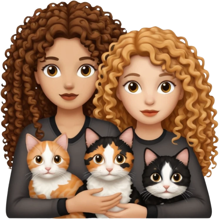 2 mujeres una crespa una de cabello largo  y 2 gatos uno negro y otro tres colores emoji
