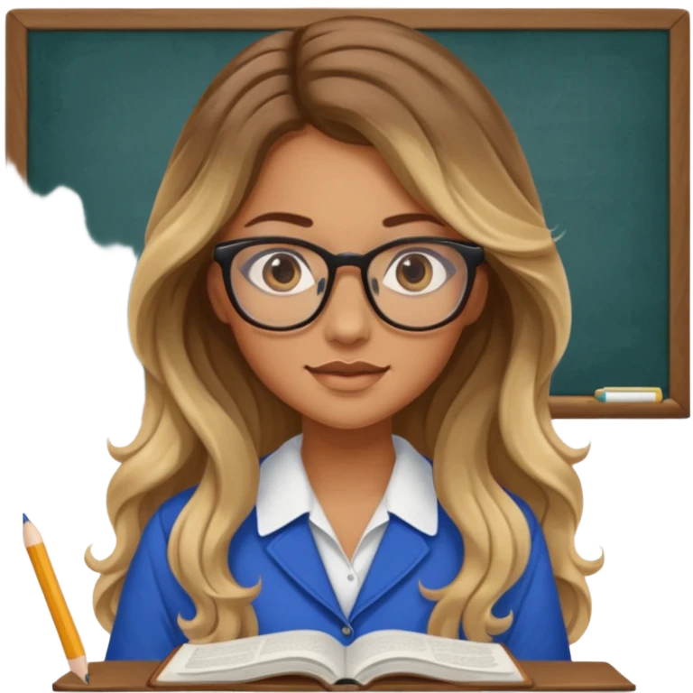 pretty female with long wavy brown hair with blonde highlights and blue eyes doing history homework  emoji