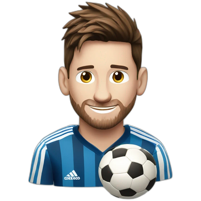 Lionel Messi smiling and winking whilst holding a soccer ball emoji