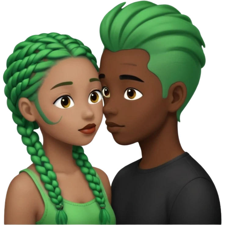 Black girl with green braids kissing white boy with black hair emoji