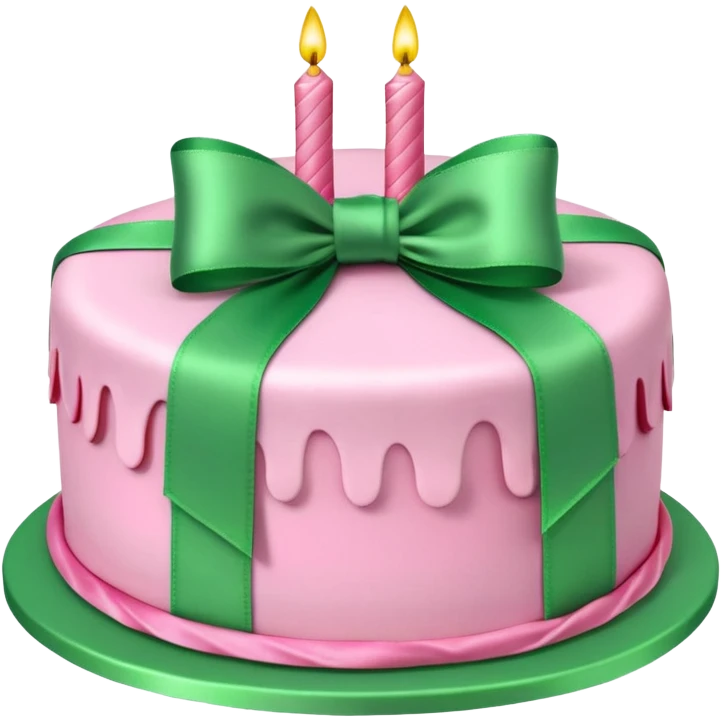 Pink Birthday cake with green ribbon in 3D emoji