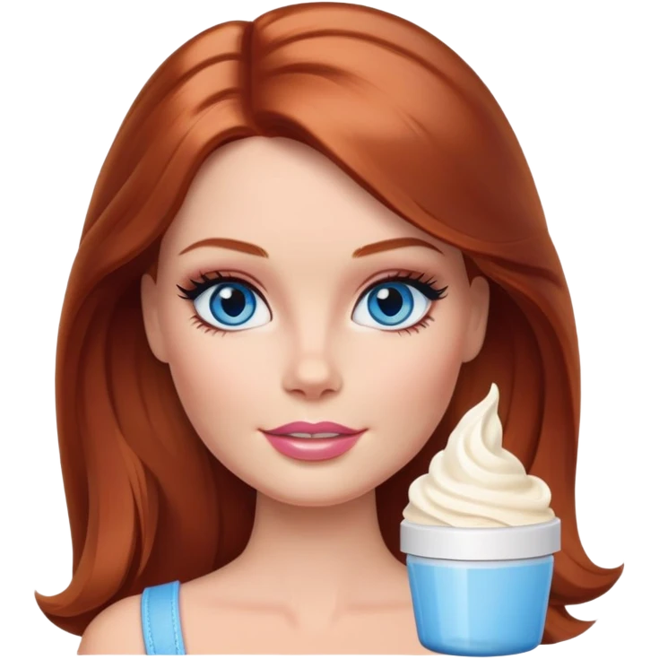 A Barbie face blue eyes with shoulder-length reddish brown hair, makeup with cream on face on her head emoji