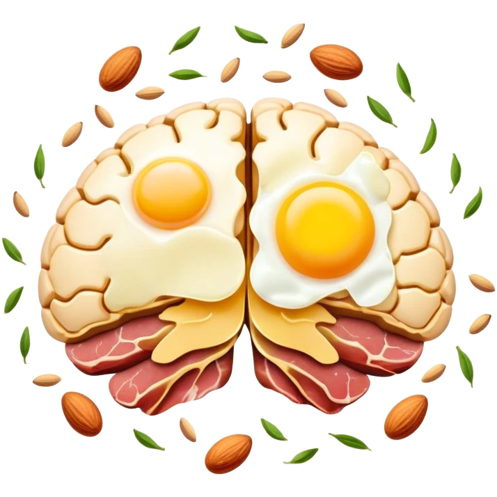 Glowing brain near a shimmering liver, with choline-rich foods floating around them: eggs with bright yellow yolks, clusters of almonds, cuts of lean meat, and dairy products. Golden connections flow between the foods and organs, showing the pathway of this essential nutrient. emoji