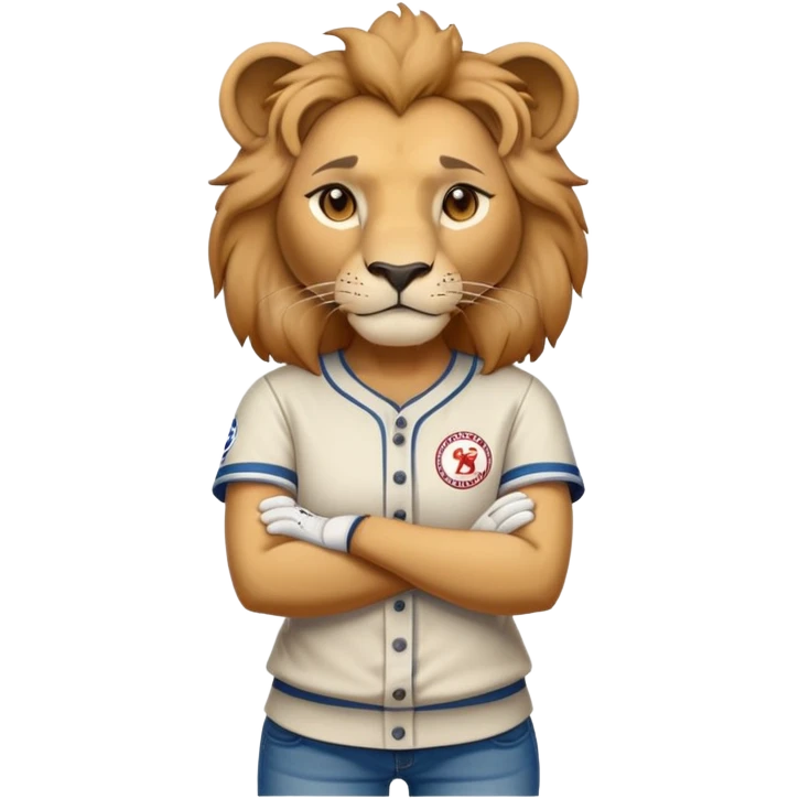 friendly anthropomorphised female lion wearing a baseball shirt, jeans, trainers, standing upright with arms folded, looking very determined emoji