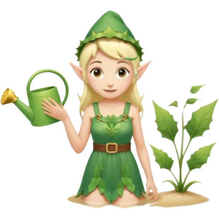 elf female tending to glowing beach plants, floral sundress, watering can or magic light, pointy ears, gentle smile, centered emoji, pastel magic emoji