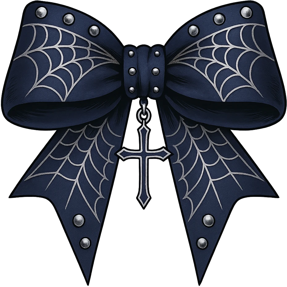 Edit the image to depict an oversized blue gothic bow with silver studs, spiderweb patterns, and a dangling cross. The background should be removed. Maintain a gothic style with bold silver and spiderweb details. emoji