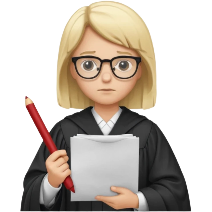 Young judge, blonde hair with glasses and robe, hold a paper emoji