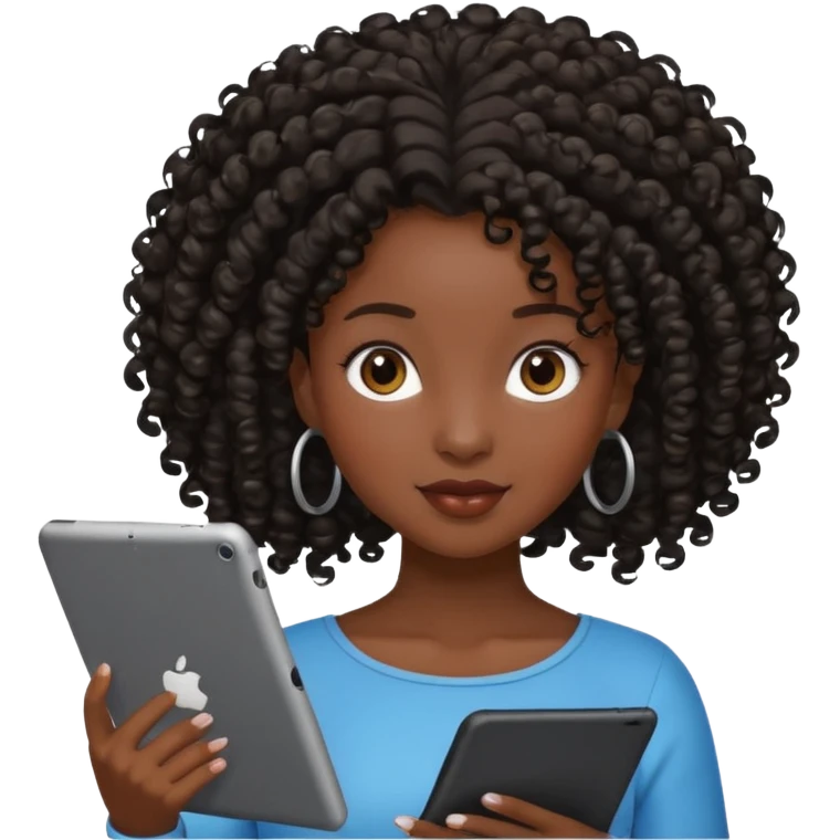 Dark brown Black girl with curly ponytail holding ipad emoji