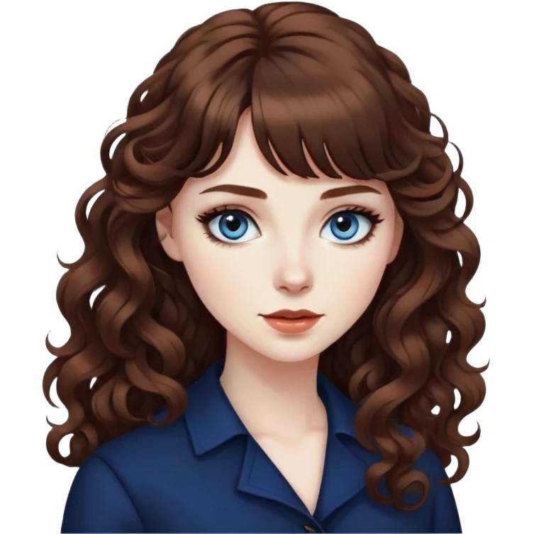 pale skin, brown bangs long curly hair, dark blue eyes, black eyeliner, pretty bratz baddie emoji