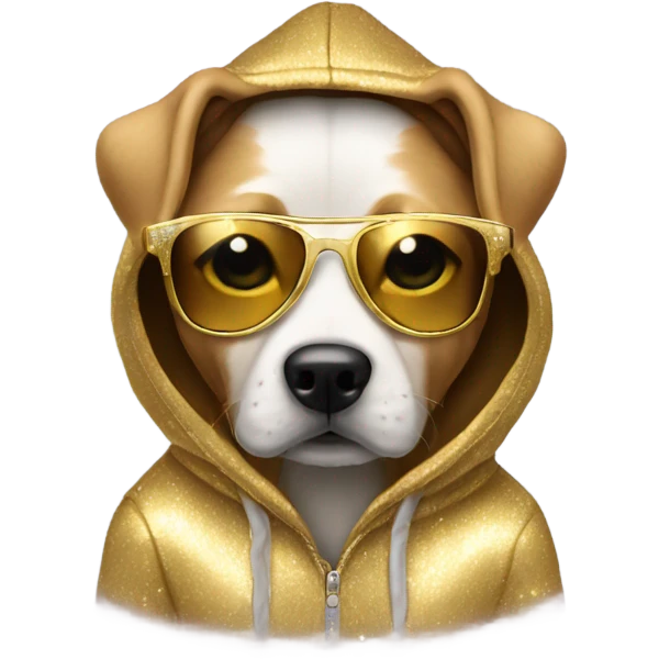 Dog wearing a hoodie and sunglasses sparkly gold emoji