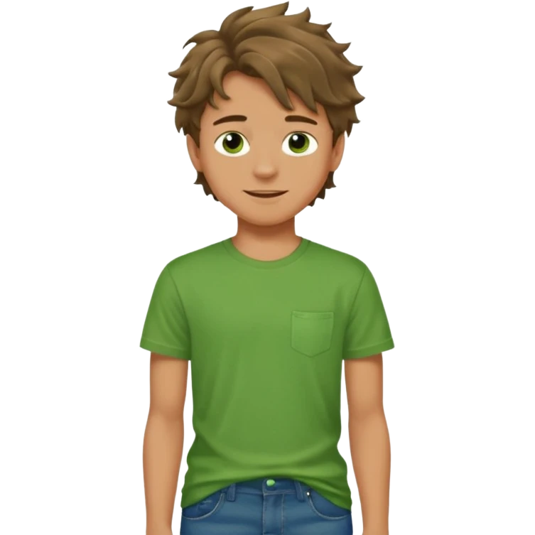 A 14 yerar old teenage boy, tanned, wearing a green t-shirt , blue jeans and green sneakers with brown wavy tousled hair, smirking emoji