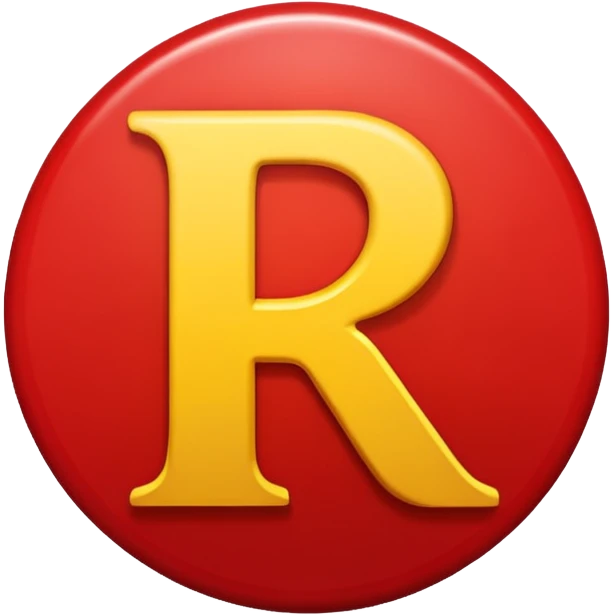 Círculo vermelho com a letra R estilizada em amarelo dentro emoji