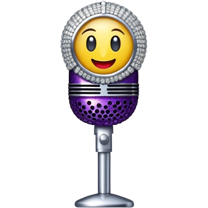 Create a glamorous and vibrant emoji representing stage vocal performance. The design should feature a humanless collage of classic vintage microphone, stage costume covered in rhinestones, sparkling brightly. The costume should be stylized, with glittering elements like sequins and sparkles, and reflect the glitzy, extravagant nature of show business. The microphone should have a sleek, retro look with chrome or metallic accents. Use rich, dazzling colors like gold, silver, deep purple, and bright red to evoke the glamorous, larger-than-life feel of a stage performance. The background should be transparent. emoji
