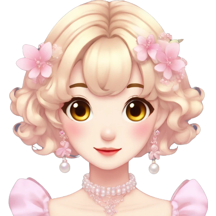 Gorgeous anime style lady with blushing face and accessories cottagecore fairycore Kawaii anime colorful pearly romantic aesthetic trending style emoji