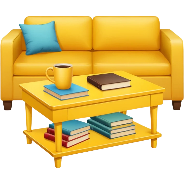 yellow coffe table, coffee on top, books under table
 emoji