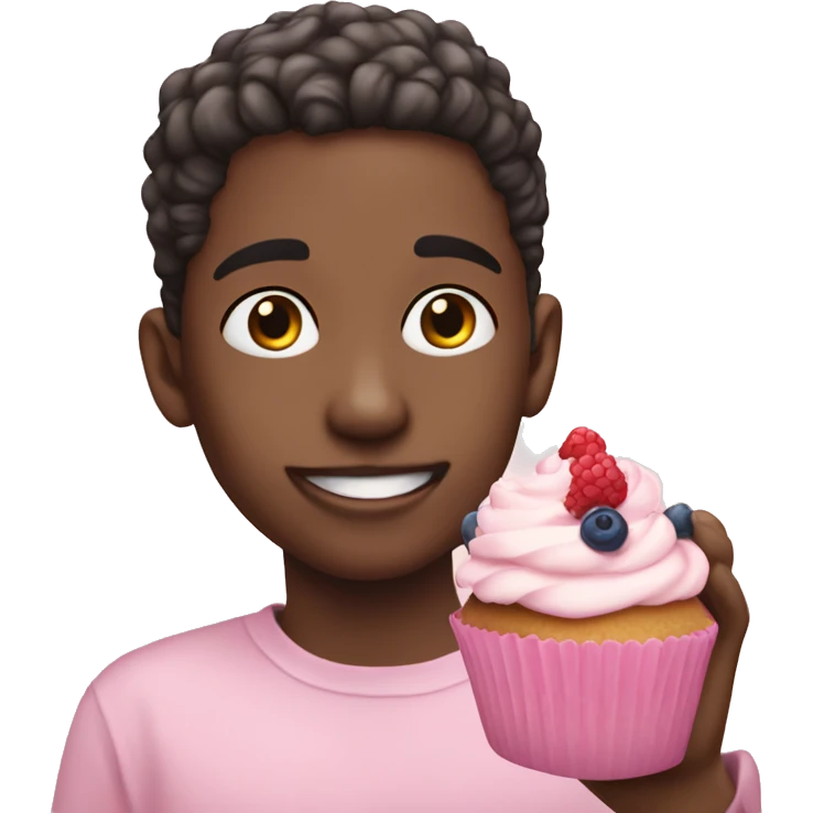 White skinned-Boy eating pastel pink cupcake with berries emoji