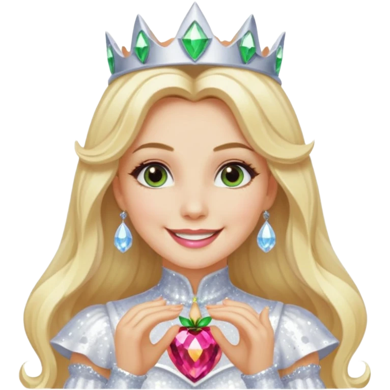 The Good Witch from Oz with long blonde hair, white sequin outfit emoji