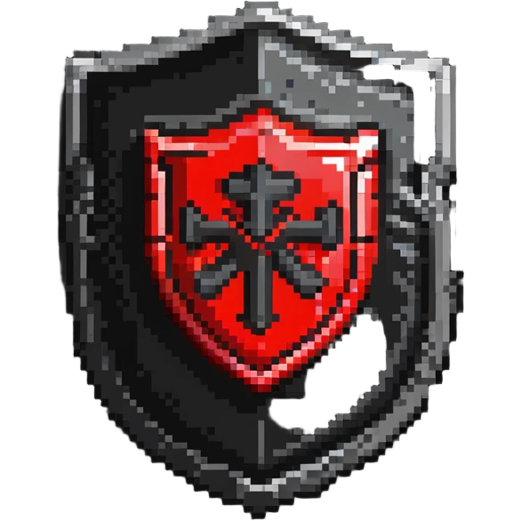 Shield badge with a digital lock and red warning symbols, cybersecurity theme, menacing look emoji