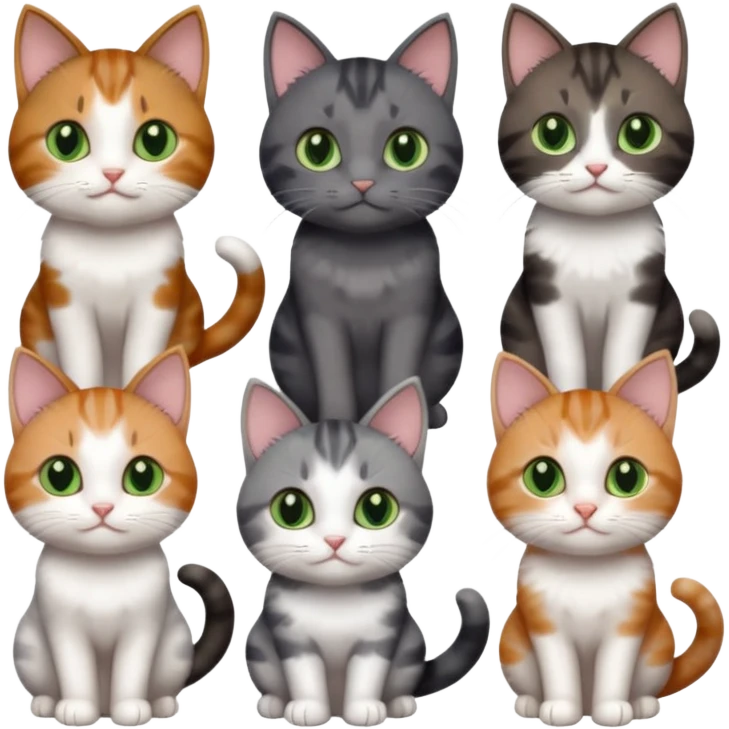 6 different coloured small cats including a dark grey and white, and a patchy calico, and a brown tabby and white,  and a completely solid dark grey with green eyes and only white paws emoji