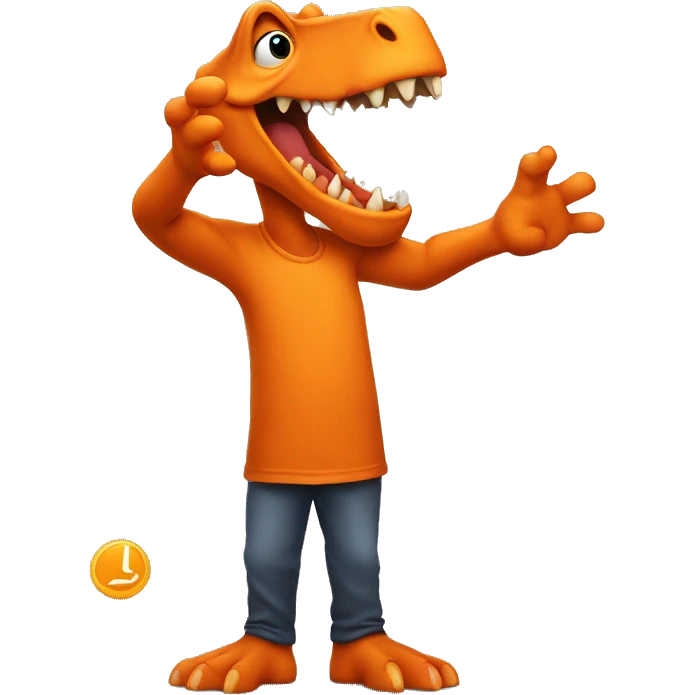 The orange dinozav smears his hand in greeting emoji