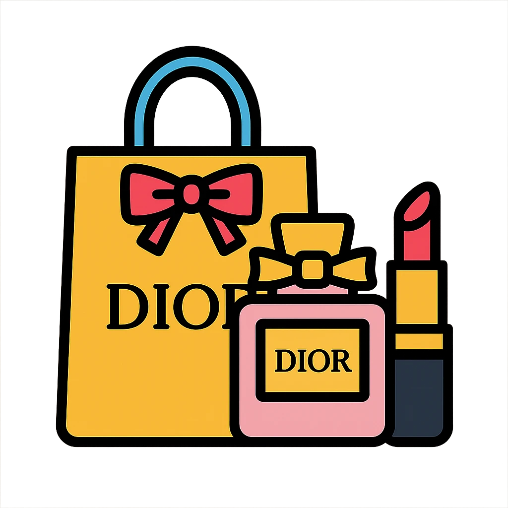 Dior products, chic and luxurious style, lineal color icon with black outlines emoji