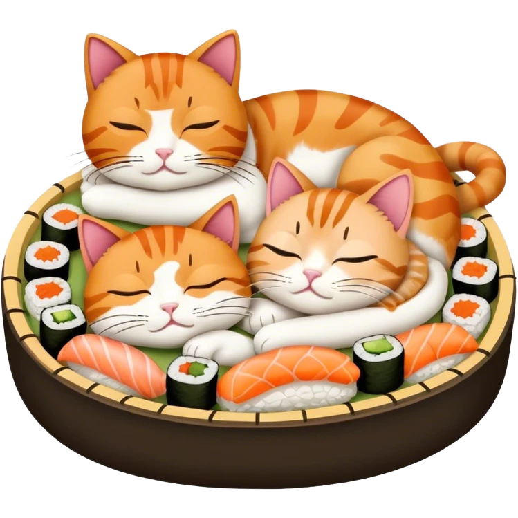 two cats sleeping in a bed made of sushi emoji