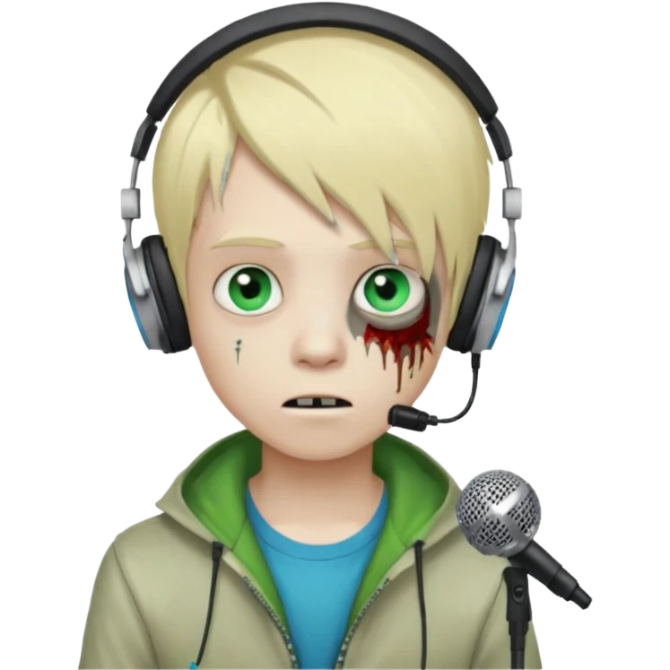 boy zombie whit blonde emo hair and eyes blue and green skin and heandphones and a microfone emoji
