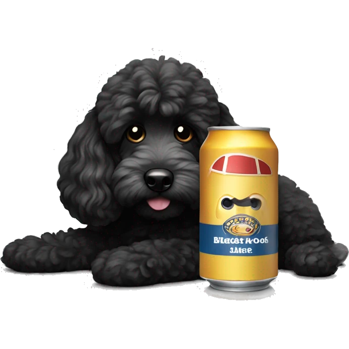 Black cockapoo lying down next to a can of beer emoji