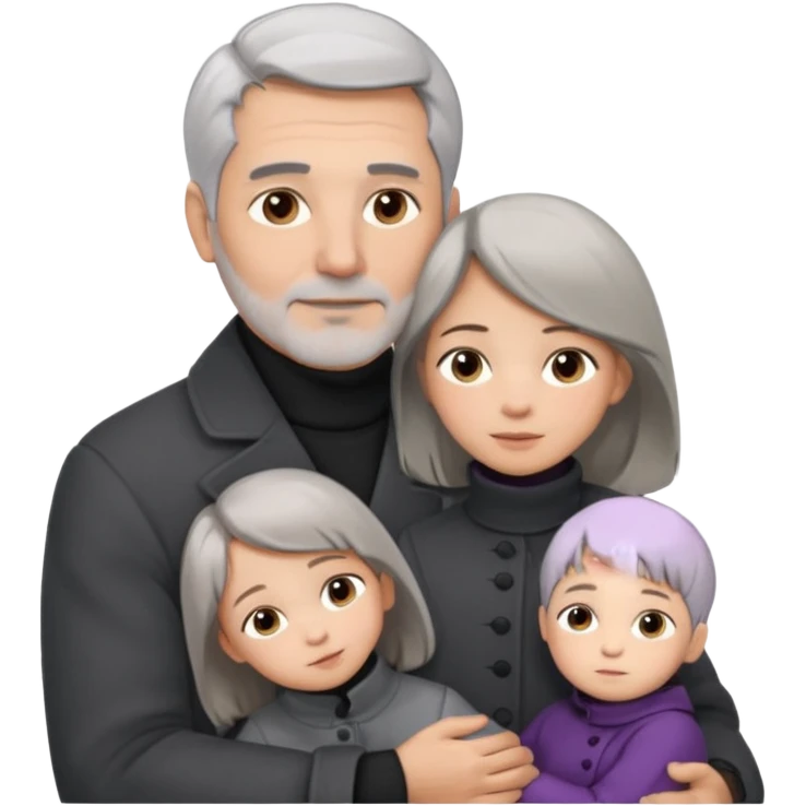A father with silver-grey hair styled neatly and a clean-shaven face, wearing a dark turtleneck and wool coat, holding his girl child gently. The child has light brown hair and a soft white dress. Warm cinematic lighting, emotional close-up. emoji