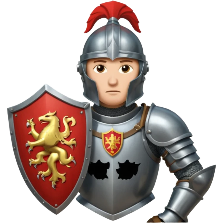 An emoji portrait of a medieval knight. He wears a suit of armor with a stylized helmet. His expression is serious and determined, and he holds a shield with a family crest. emoji