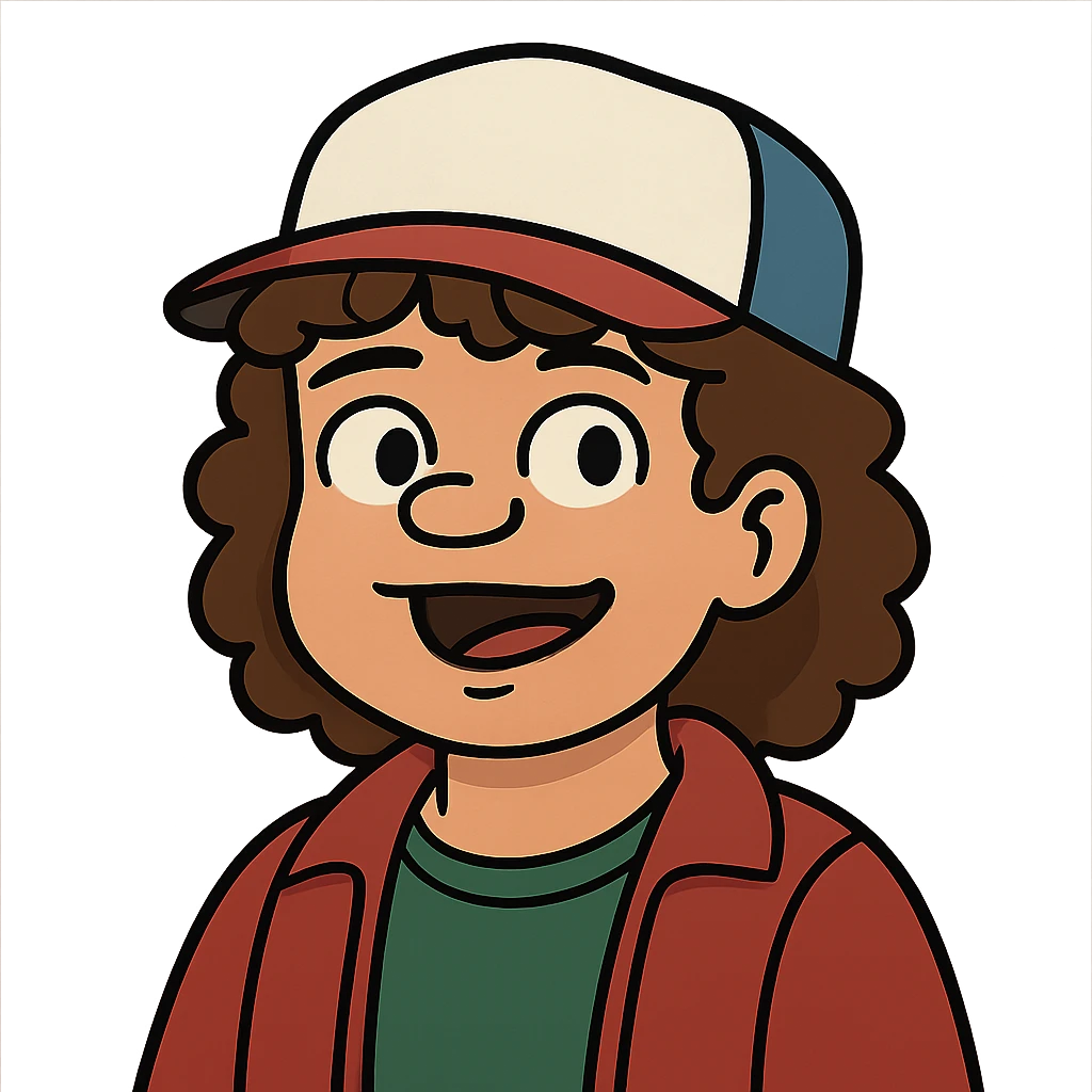 Stranger Things series, cartoon style, Dustin with his cap emoji