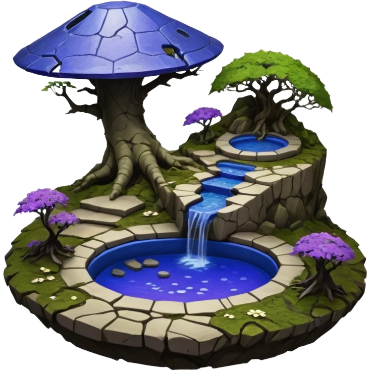 Crashed Alien saucer pool-castle jungle winding footpath mountainside getaway haunted nighttime landscape antique mudman very old broken cracked intricate Stone Age lapis-crusted irregular dodecagon-shaped shallow dark moss rough bark violet flowered maple tree bonsai emoji
